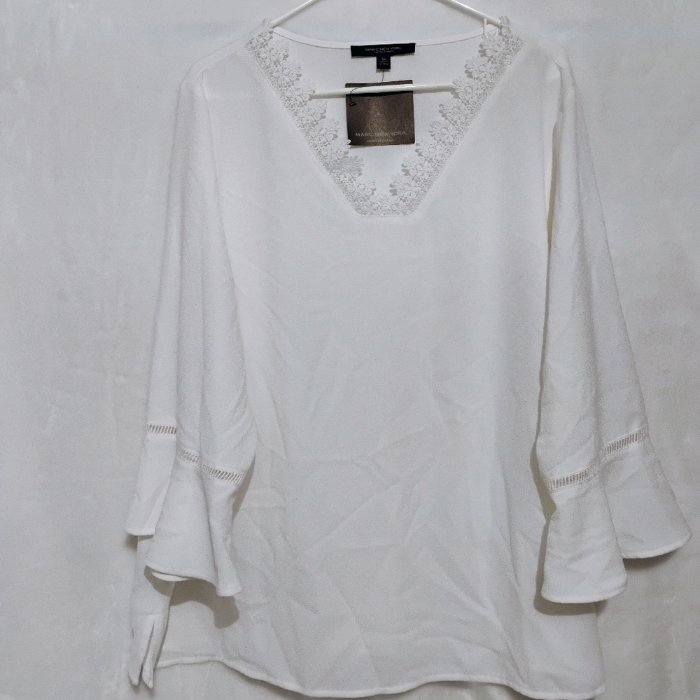 Marc New York 3X White Lace Trim Blouse V Neck Shirt Bell Sleeve NEW NWT D